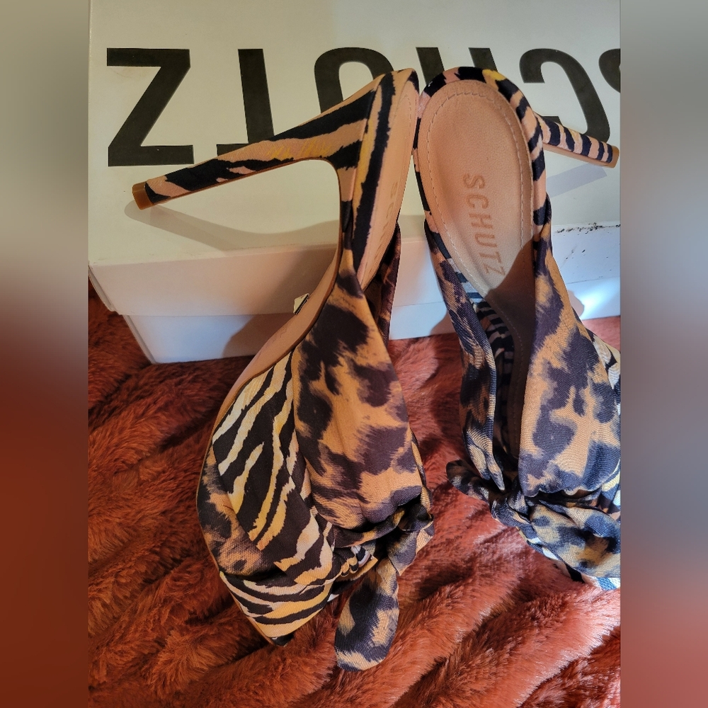 SCHUTZ Multicolor Animal Print Knot Mules with Red Accent - Picture 8 of 10